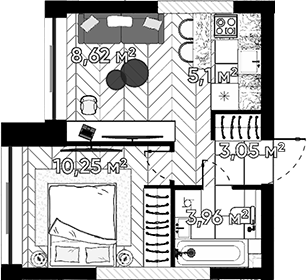 Планировка однокомнатная 31 м² в ЖК «Квартал Серебряный бор», корпус 1