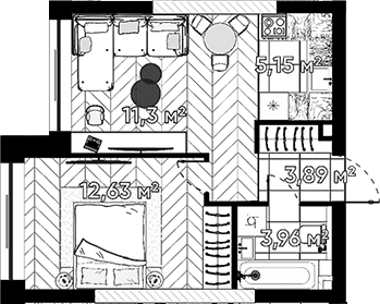 Планировка евродвушка (2Е) 36.9 м² в ЖК «Квартал Серебряный бор», корпус 1