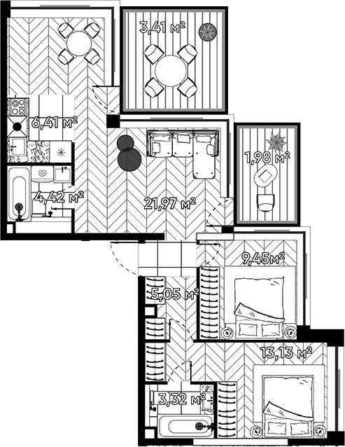 Планировка евротрёшка (3Е) 69.14 м² в ЖК «Квартал Серебряный бор», корпус 2