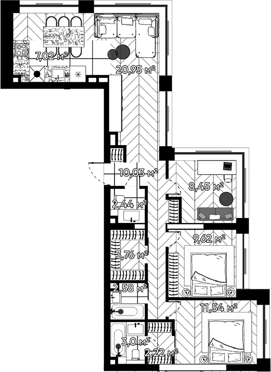 Планировка евро-4 (4Е) 81.61 м² в ЖК «Квартал Серебряный бор», корпус 2