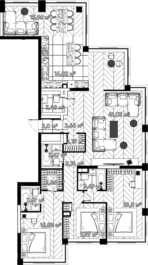 Планировка 5Е-к.кв 147.7 м² в ЖК «Квартал Серебряный бор», корпус 1