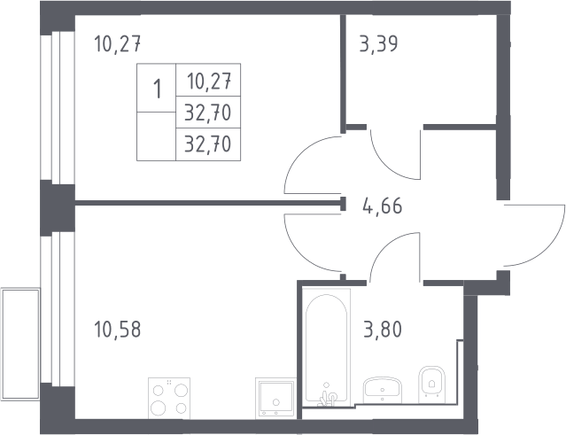 Планировка однокомнатная 32.7 м² в ЖК «Квартал Строгино», корпус 2