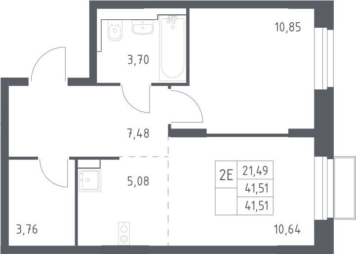 Планировка евродвушка (2Е) 41.51 м² в ЖК «Квартал Строгино», корпус 2