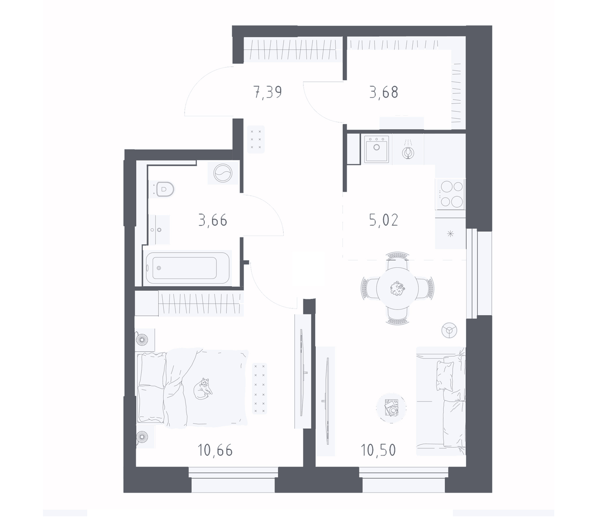 Планировка евродвушка (2Е) 41 м² в ЖК «Квартал Строгино», корпус 1