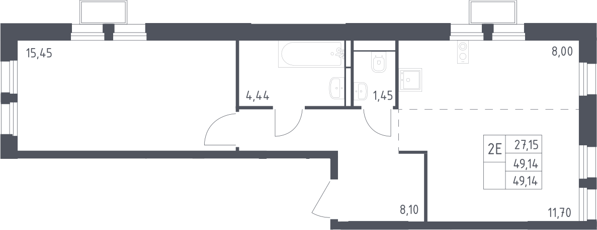 Планировка евродвушка (2Е) 49.14 м² в ЖК «Квартал Строгино», корпус 2