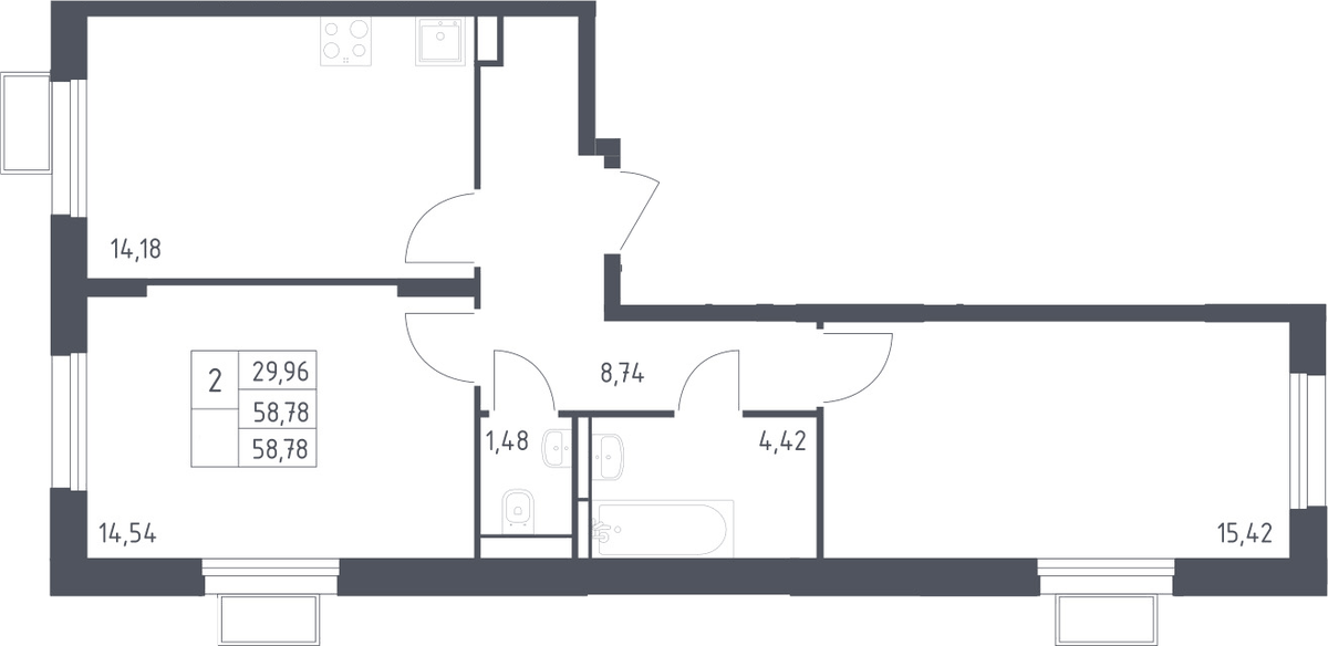 Планировка двухкомнатная 58.78 м² в ЖК «Квартал Строгино», корпус 2