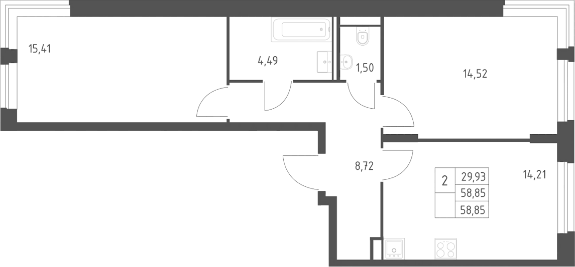 Планировка двухкомнатная 58.85 м² в ЖК «Квартал Строгино», корпус 2