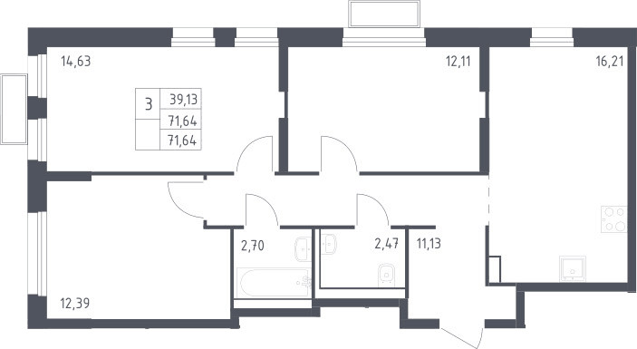 Планировка трёхкомнатная 71.64 м² в ЖК «Квартал Строгино», корпус 2