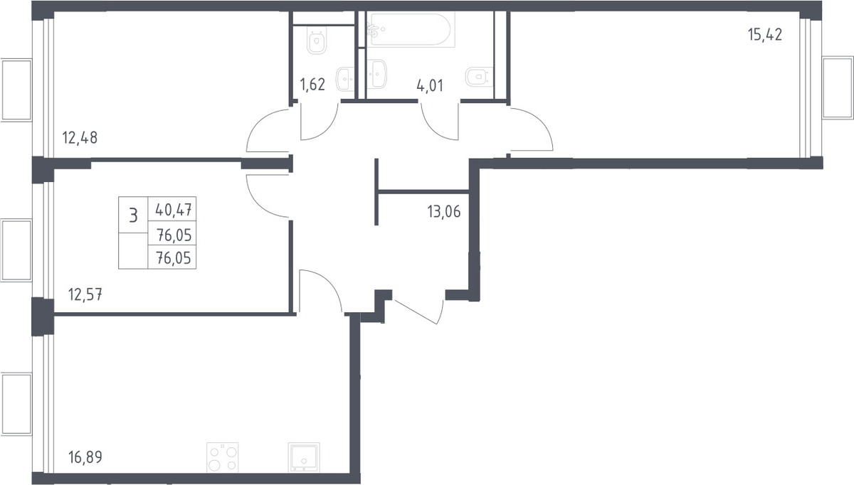 Планировка трёхкомнатная 76.05 м² в ЖК «Квартал Строгино», корпус 2