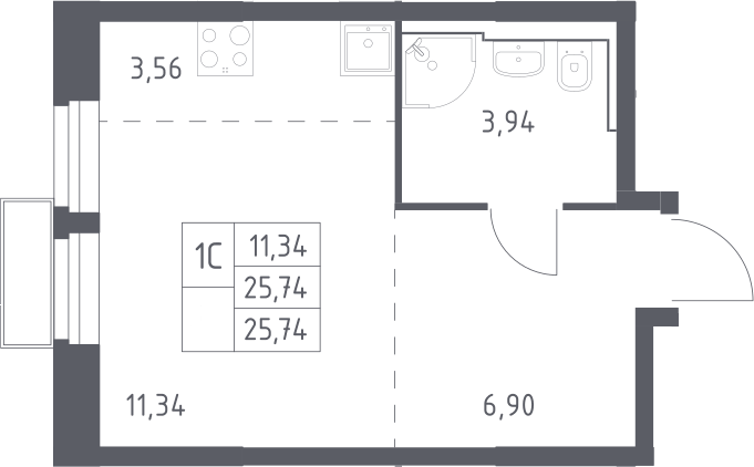Планировка Студии 25.74 м² в ЖК «Квартал Строгино», корпус 2