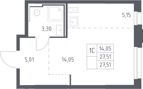 Планировка Студии 27.51 м² в ЖК «Квартал Строгино», корпус 3