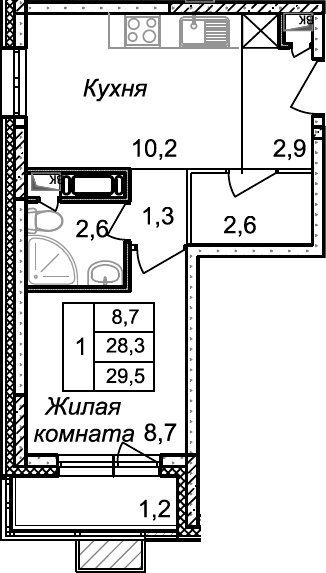 Планировка однокомнатная 29.5 м² в ЖК «Квартал Светлый», корпус 3