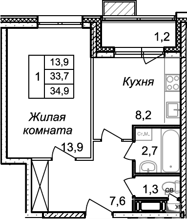 Планировка однокомнатная 34.9 м² в ЖК «Квартал Светлый», корпус 3