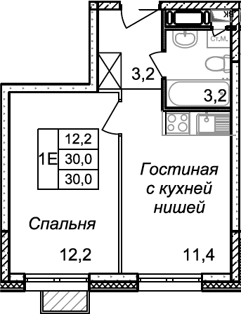 Планировка евродвушка (2Е) 30 м² в ЖК «Квартал Светлый», корпус 3