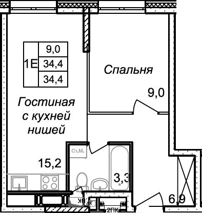 Планировка евродвушка (2Е) 34.4 м² в ЖК «Квартал Светлый», корпус 3