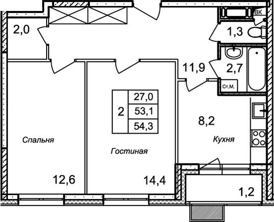 Планировка двухкомнатная 54.3 м² в ЖК «Квартал Светлый», корпус 4