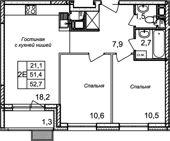 Планировка евротрёшка (3Е) 52.7 м² в ЖК «Квартал Светлый», корпус 4