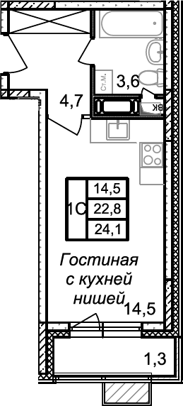 Планировка Студии 24.1 м² в ЖК «Квартал Светлый», корпус 3