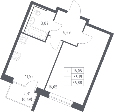 Планировка однокомнатная 36.88 м² в ЖК «Квартал Западный», корпус 9