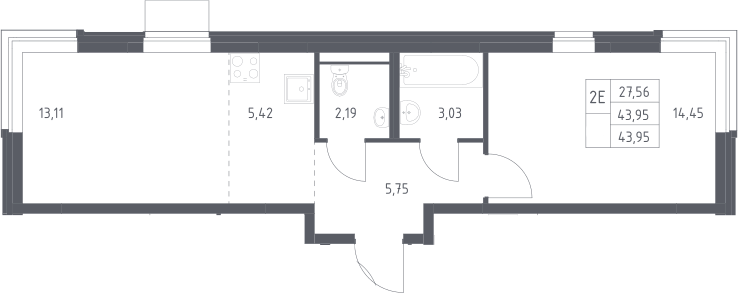 Планировка евродвушка (2Е) 43.95 м² в ЖК «Квартал Западный», корпус 9