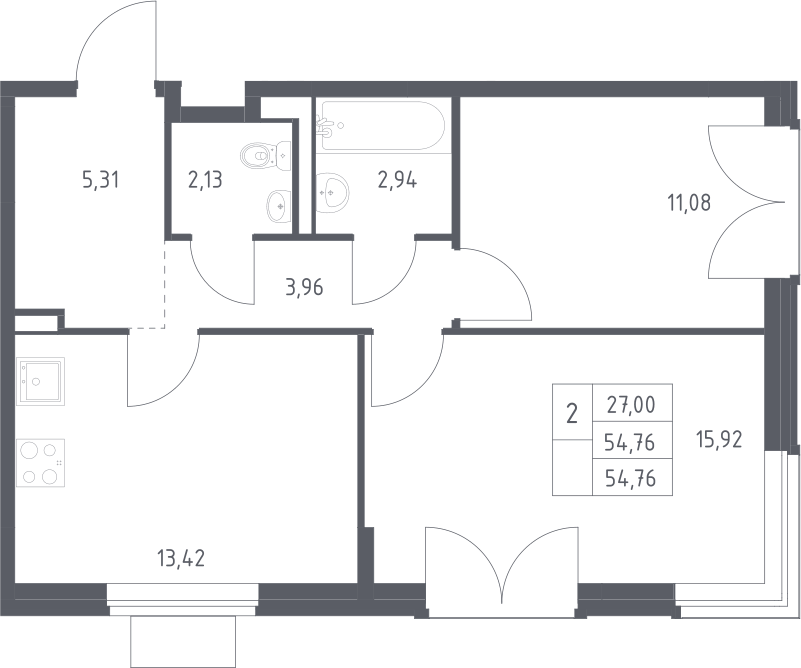 Планировка двухкомнатная 54.76 м² в ЖК «Квартал Западный», корпус 9
