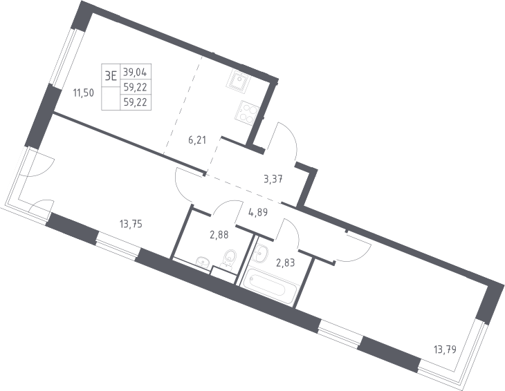 Планировка евротрёшка (3Е) 59.22 м² в ЖК «Квартал Западный», корпус 9
