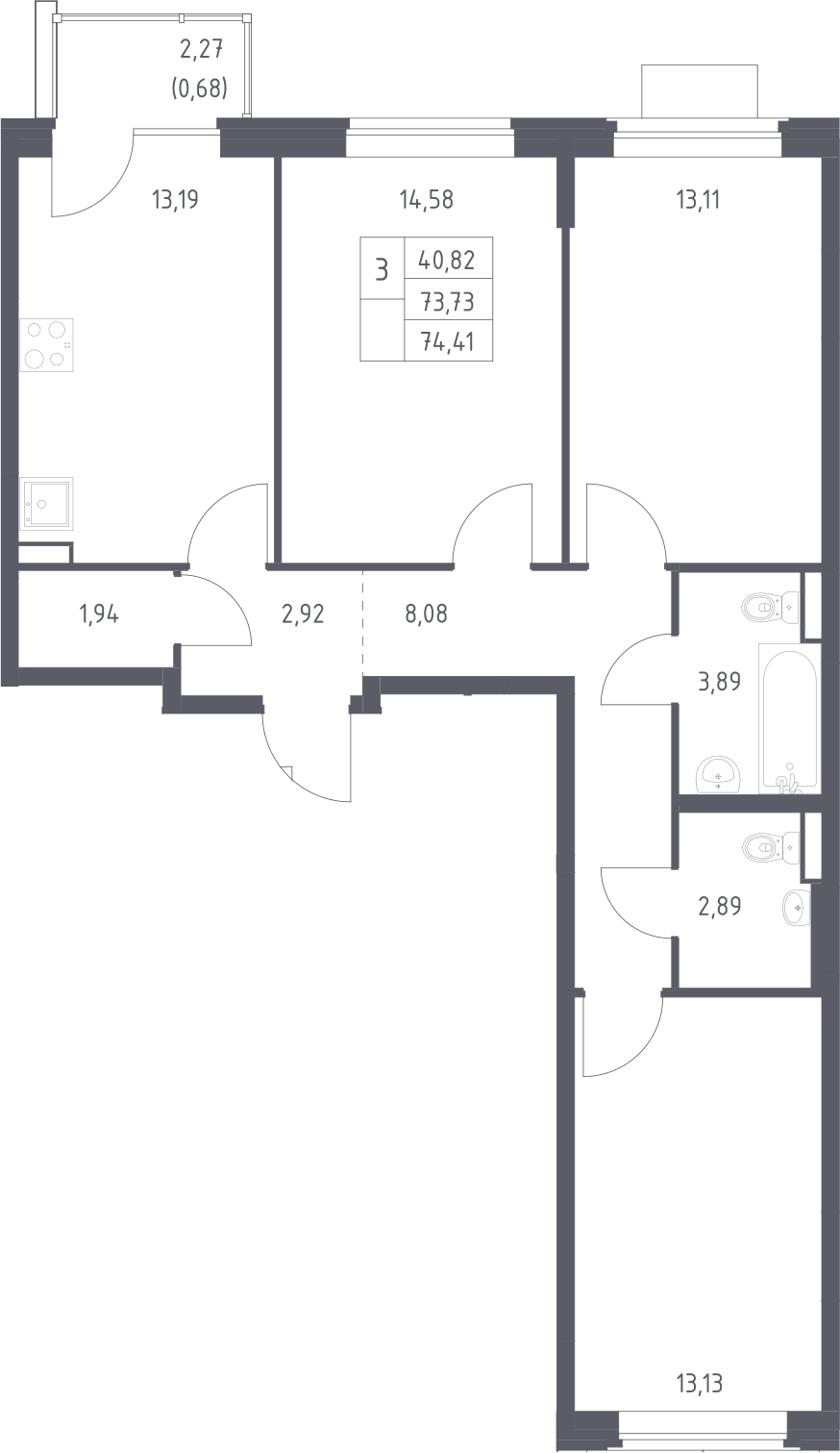 Планировка трёхкомнатная 74.41 м² в ЖК «Квартал Западный», корпус 9