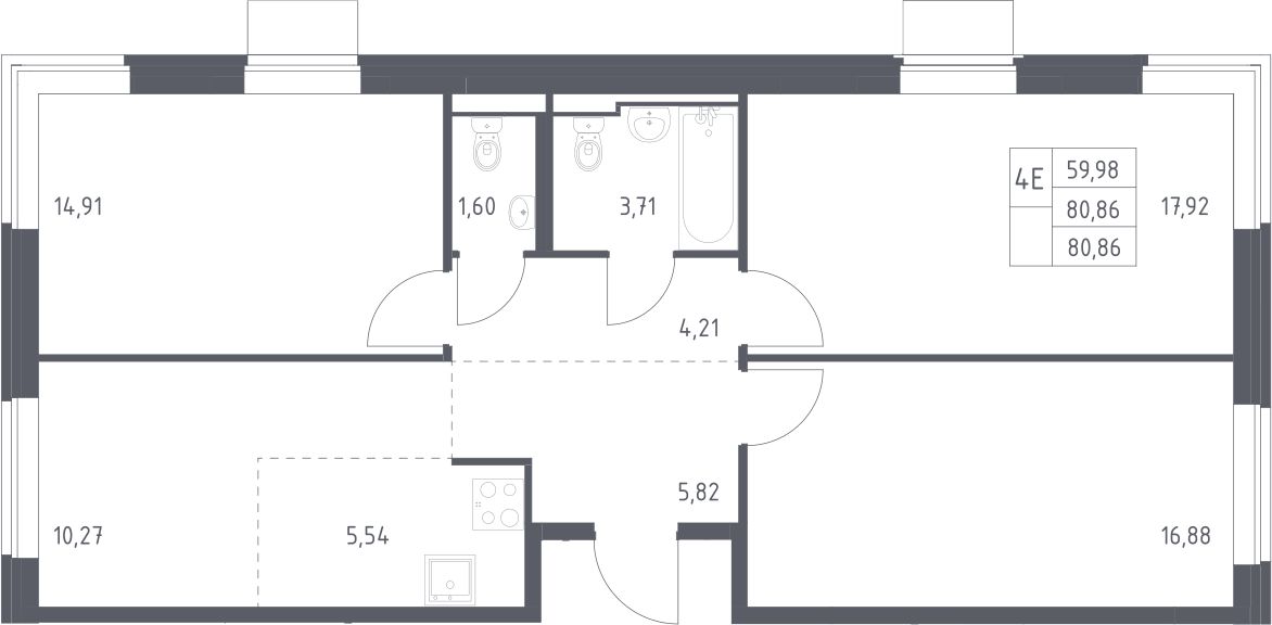 Планировка евро-4 (4Е) 80.86 м² в ЖК «Квартал Западный», корпус 9