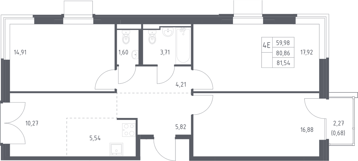 Планировка евро-4 (4Е) 81.54 м² в ЖК «Квартал Западный», корпус 9