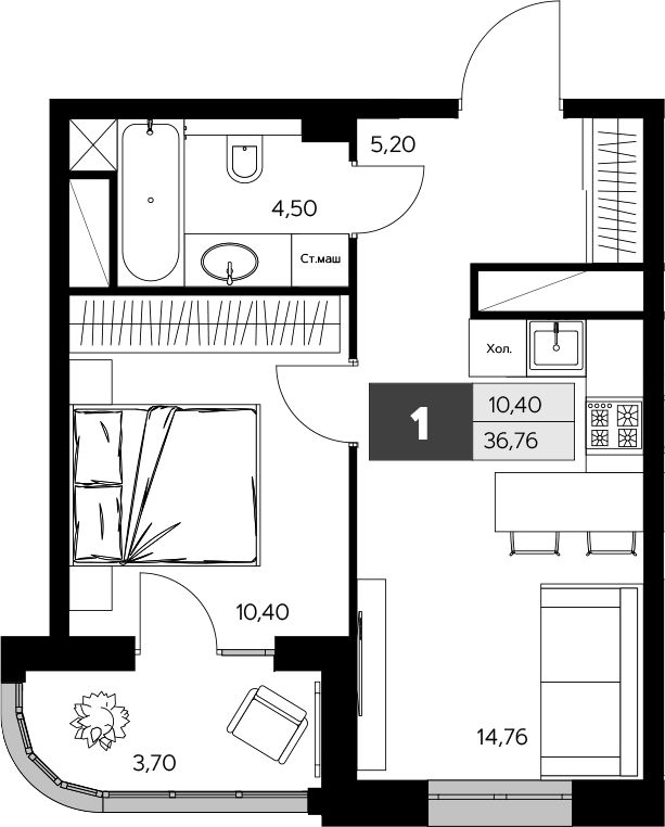 Планировка однокомнатная 36.76 м² в ЖК «Ласточкино», корпус 2