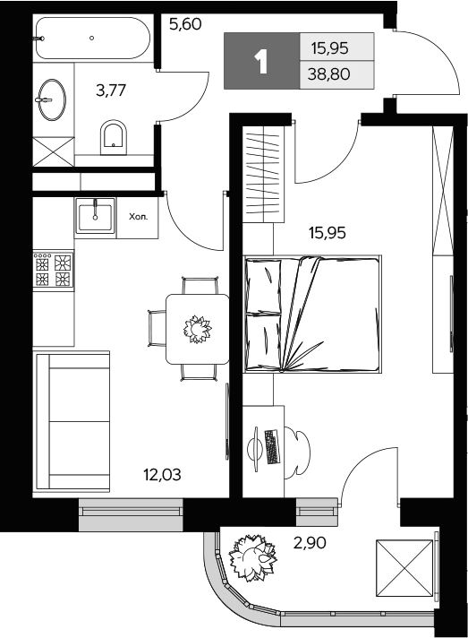 Планировка однокомнатная 38.8 м² в ЖК «Ласточкино», корпус 2
