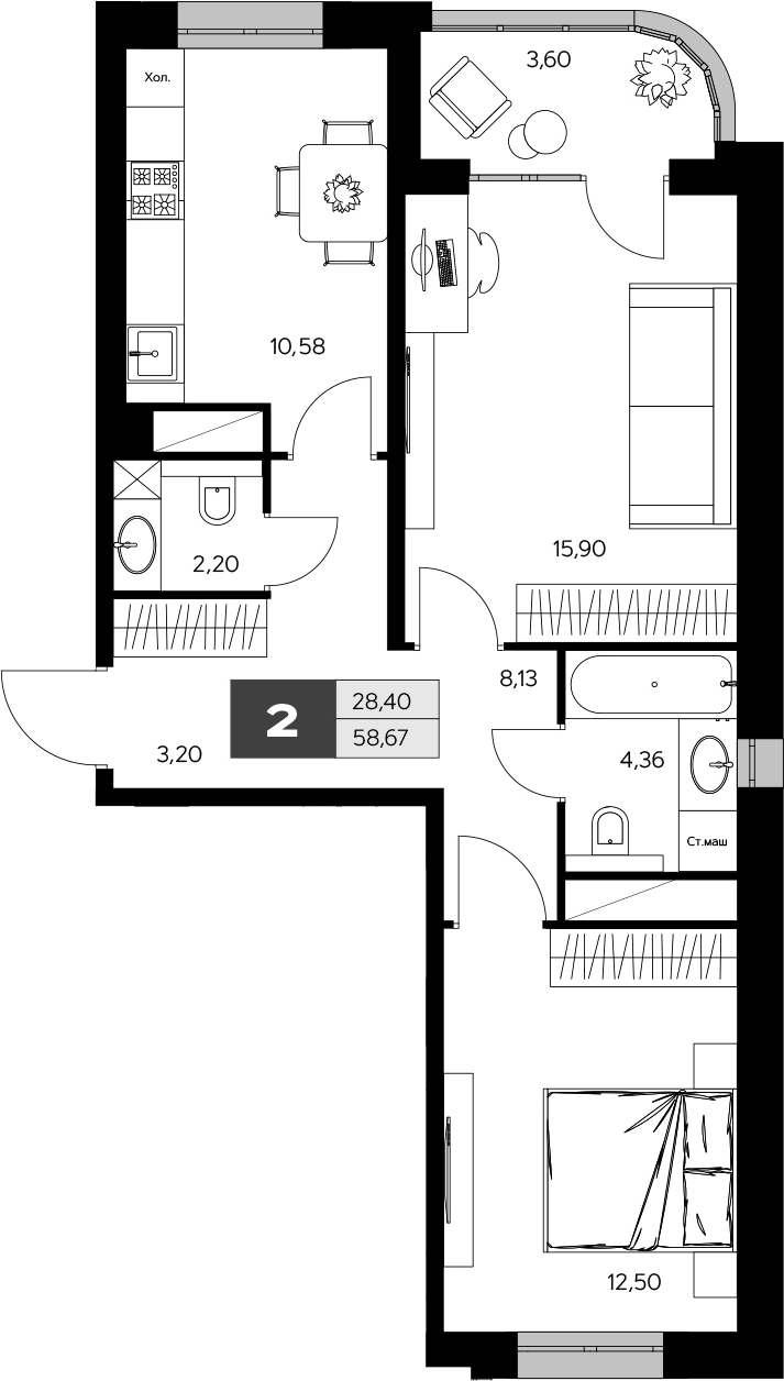 Планировка двухкомнатная 58.67 м² в ЖК «Ласточкино», корпус 2