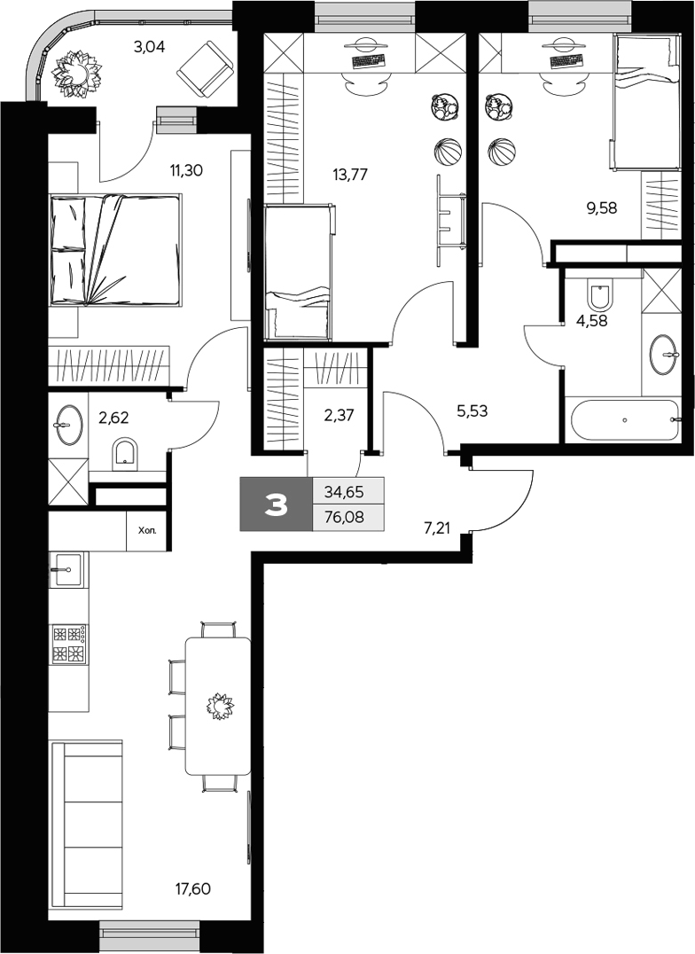 Планировка трёхкомнатная 76.08 м² в ЖК «Ласточкино», корпус 2