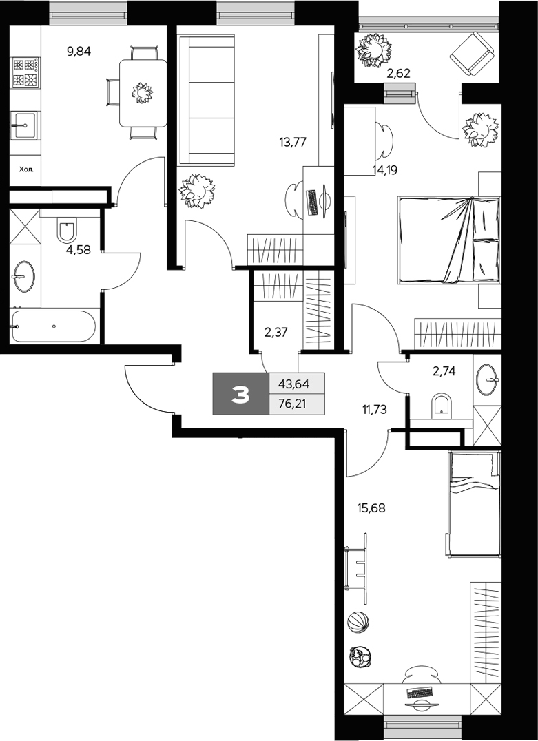 Планировка трёхкомнатная 76.21 м² в ЖК «Ласточкино», корпус 2