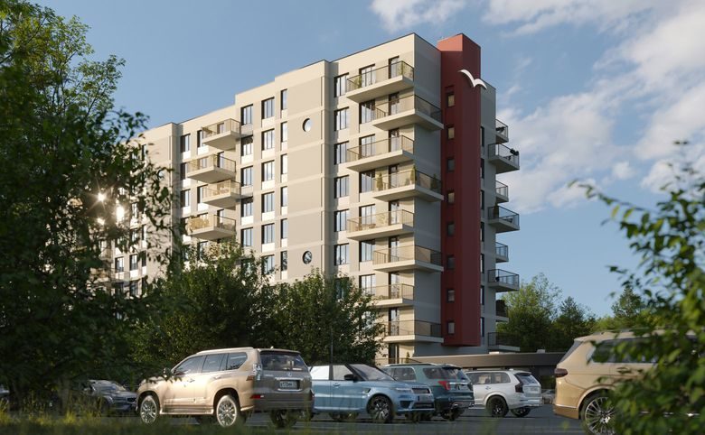 Ласточкино — Фасад с акцентной цветной вставкой у входной группы и дворов