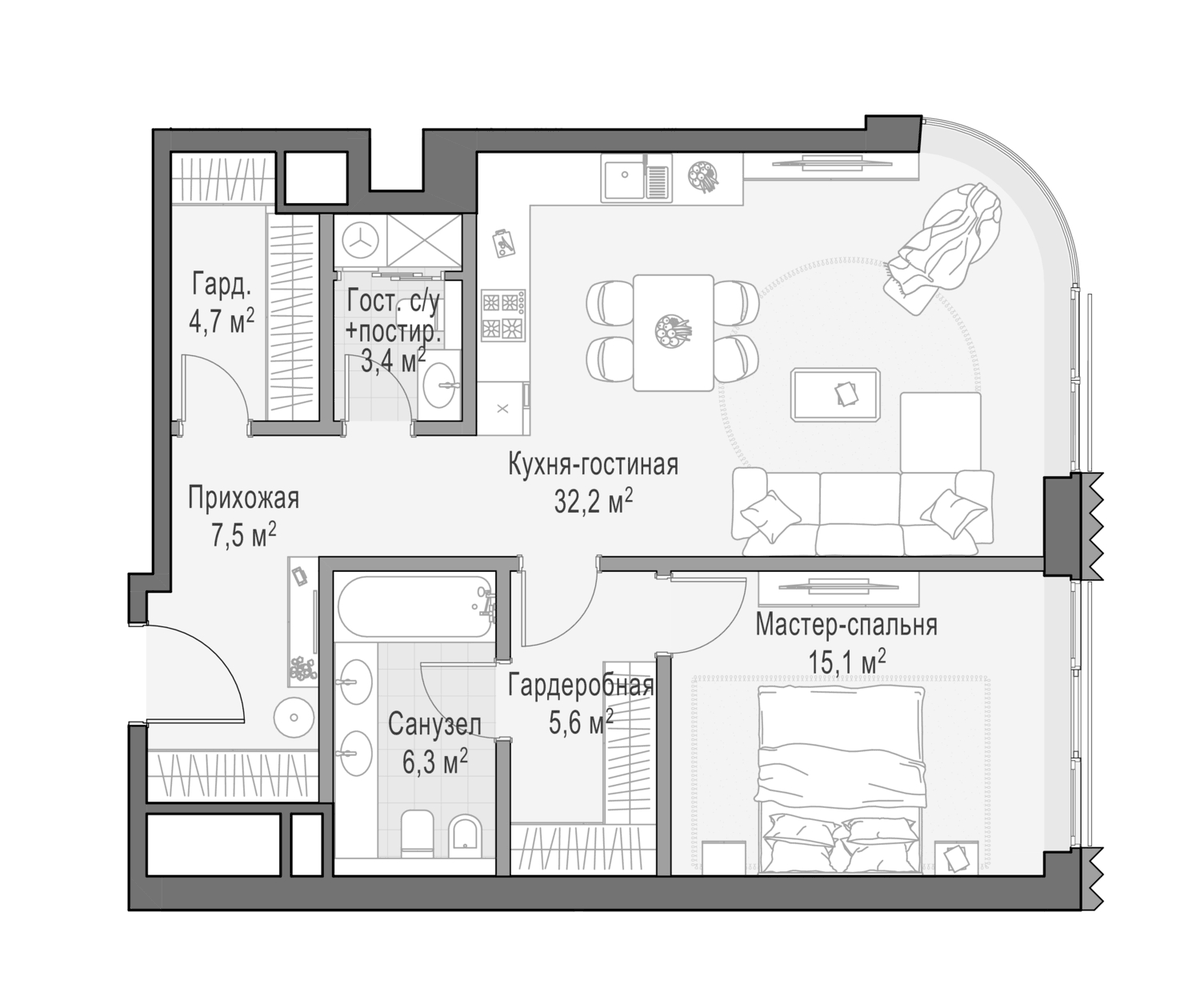 Планировка однокомнатная 74.7 м² в ЖК «Дом Лаврушинский», корпус Восточный