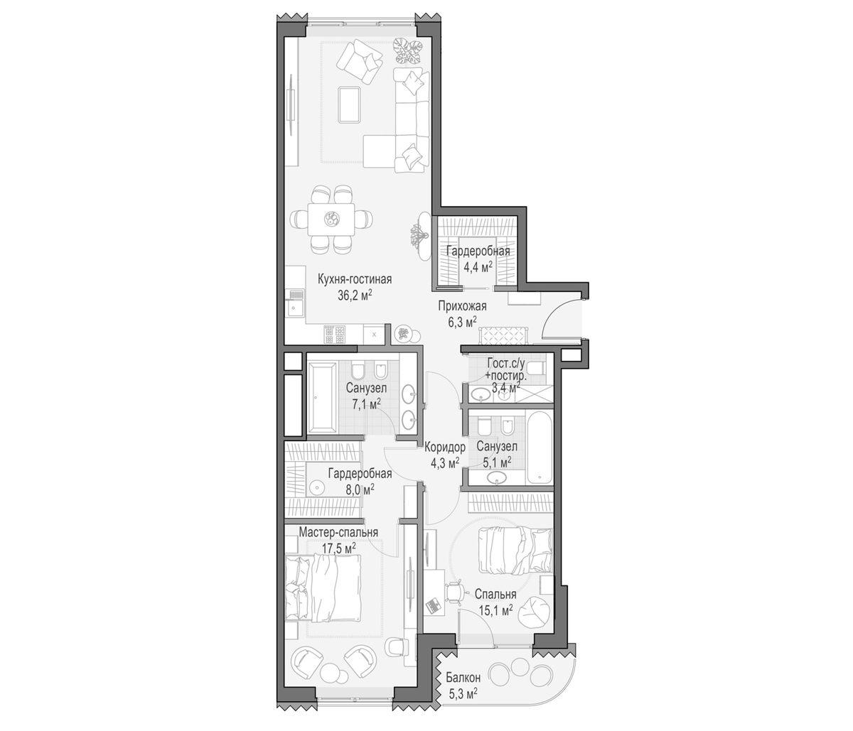Планировка двухкомнатная 109 м² в ЖК «Дом Лаврушинский», корпус Центральный
