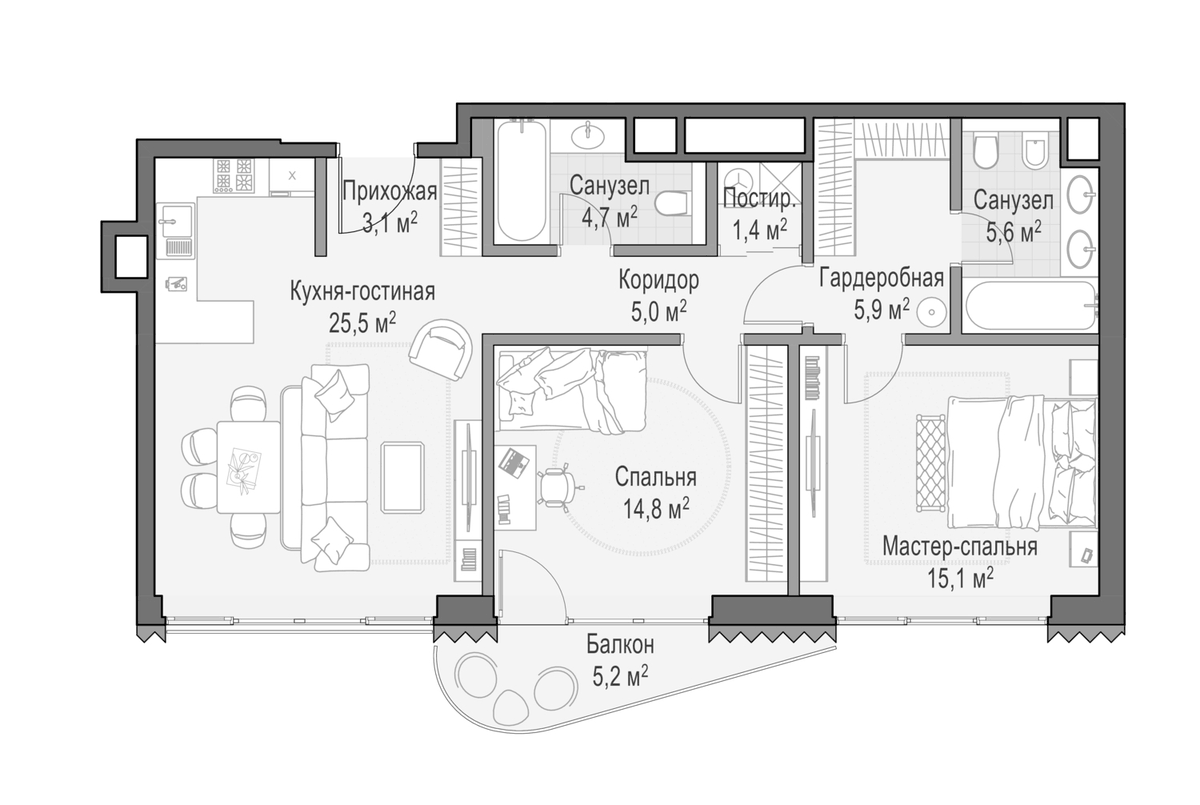 Планировка евротрёшка (3Е) 83 м² в ЖК «Дом Лаврушинский», корпус Западный