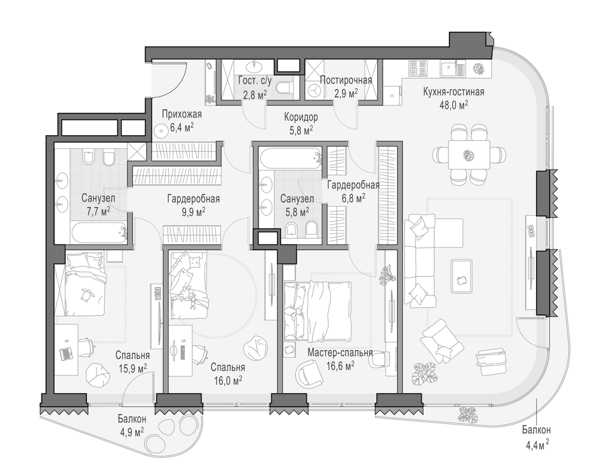 Планировка трёхкомнатная 148 м² в ЖК «Дом Лаврушинский», корпус Восточный