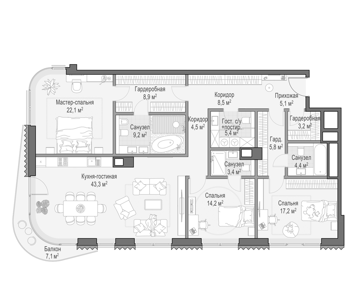 Планировка евро-4 (4Е) 158 м² в ЖК «Дом Лаврушинский», корпус Центральный