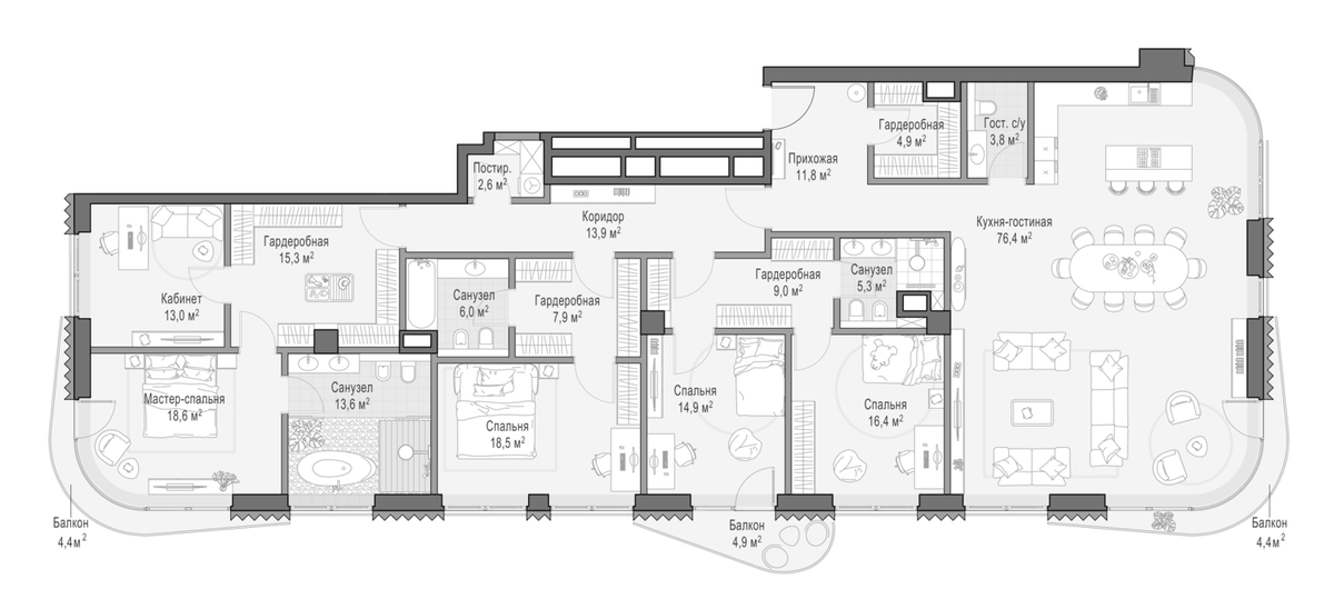 Планировка пятикомнатная 253 м² в ЖК «Дом Лаврушинский», корпус Восточный
