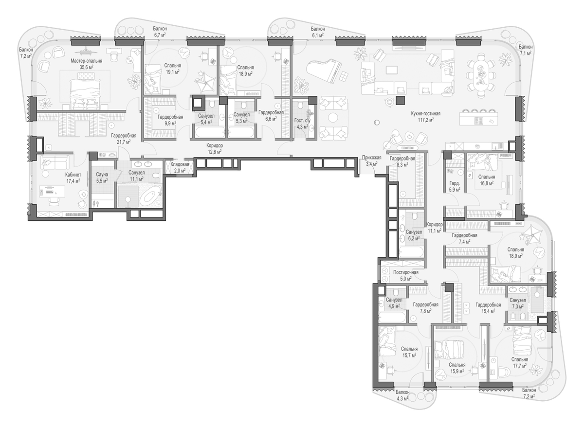 Планировка 7-к.кв 468.2 м² в ЖК «Дом Лаврушинский», корпус Западный
