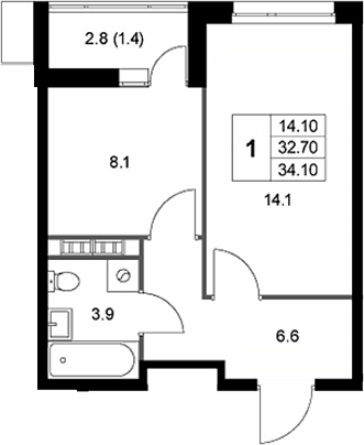 Планировка однокомнатная 34.1 м² в ЖК «Легенда Коренево», корпус 3