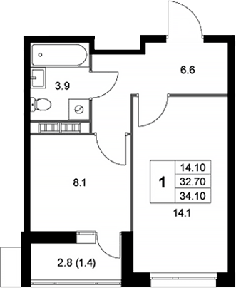 Планировка однокомнатная 34.3 м² в ЖК «Легенда Коренево», корпус 2