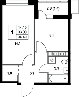 Планировка однокомнатная 34.4 м² в ЖК «Легенда Коренево», корпус 2