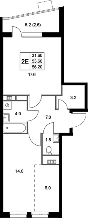 Планировка евродвушка (2Е) 56.2 м² в ЖК «Легенда Коренево», корпус 4