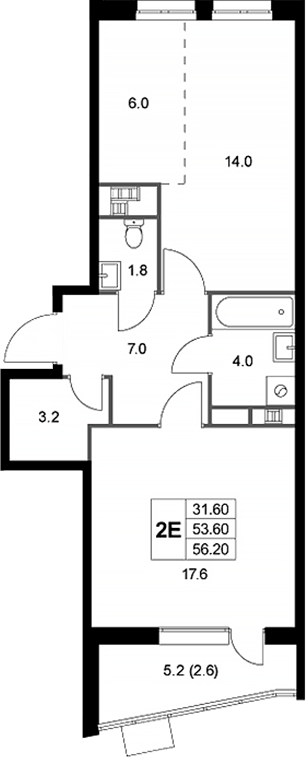 Планировка евродвушка (2Е) 56.3 м² в ЖК «Легенда Коренево», корпус 3