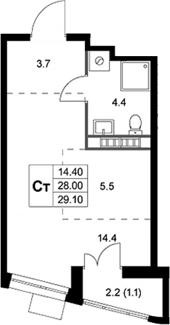 Планировка Студии 29.2 м² в ЖК «Легенда Коренево», корпус 2