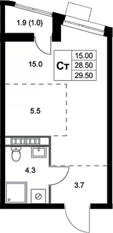 Планировка Студии 29.5 м² в ЖК «Легенда Коренево», корпус 3
