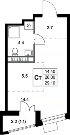 Планировка Студии 29 м² в ЖК «Легенда Коренево», корпус 3